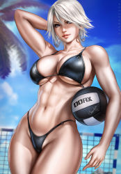 Rule 34 | 1girl, abs, arm up, artist name, ball, bare shoulders, bikini, black bikini, blue sky, breasts, christie (doa), commentary, dandon fuga, dead or alive, earrings, female focus, highleg, highleg bikini, highres, hoop earrings, jewelry, large breasts, lips, looking at viewer, navel, palm tree, parted lips, purple eyes, short hair, sky, smile, solo, swimsuit, thighs, tree, underboob, volleyball, volleyball (object), volleyball net, white hair