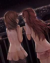 Rule 34 | 2girls, bare shoulders, brown eyes, brown hair, city, city lights, cityscape, close-up, from behind, highres, long hair, looking at another, missile228, multiple girls, night, night sky, one side up, open mouth, original, railing, short hair, short sleeves, shorts, sky, smile, standing, star (sky), starry sky