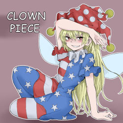 Rule 34 | 1girl, american flag dress, american flag legwear, arm up, blonde hair, breasts, brown background, character name, clownpiece, fairy wings, fe (tetsu), full body, grin, hat, highres, jester cap, long hair, looking at viewer, neck ruff, pantyhose, polka dot, polka dot headwear, red eyes, red hat, short sleeves, sitting, small breasts, smile, solo, star (symbol), star print, striped, touhou, very long hair, wings