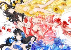 Rule 34 | 2017, 3girls, artist name, black hair, blue dress, blue flower, bracelet, closed eyes, cover, cover page, dress, english text, flower, glass slipper, hair flower, hair ornament, jewelry, long hair, lying, multiple girls, naked ribbon, no bra, no panties, on back, on side, original, red dress, red flower, red footwear, ribbon, rose, see-through, sunflower, toe cleavage, umishima senbon, yellow dress, yellow flower, yellow footwear, yellow rose