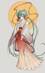 1girl absurdres aqua_eyes aqua_hair art_nouveau chuushuu_meigetsu_miku flower full_body gradient_clothes gradient_skirt grey_background hair_flower hair_ornament hanfu hatsune_miku highres isekai_douyou_(chant) jiaoling_ruqun long_hair long_skirt long_sleeves moon red_skirt skirt tuanshan twintails very_long_hair vocaloid wide_sleeves yellow_flower