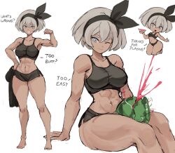 1girl barefoot bea_(pokemon) black_hairband black_shorts black_sports_bra breasts closed_mouth creatures_(company) dark-skinned_female dark_skin food fruit game_freak grey_eyes grey_hair hair_between_eyes hairband highres looking_at_viewer nintendo pokemon pokemon_swsh rakeemspoon short_hair shorts solo sports_bra watermelon watermelon_between_thighs