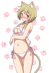 Rule 34 | 1girl, animal ears, bell, blonde hair, blush, bra, breast hold, breasts, cat cutout, cat ear panties, cat ears, cat lingerie, cat tail, cleavage cutout, clothing cutout, crossed arms, frilled bra, frills, ichii yui, jingle bell, kemonomimi mode, long hair, looking at viewer, low twintails, mel (artist), mel (melty pot), meme attire, midriff, navel, panties, paw print, side-tie panties, solo, sweatdrop, tail, twintails, underwear, upper body, yellow eyes, yuyushiki
