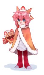 Rule 34 | 1boy, 1other, blue eyes, blush, cape, commentary request, cookie run, crepe, dress, floating headgear, food, food-themed hair ornament, full body, fur-trimmed cape, fur trim, hair ornament, headgear, highres, looking at viewer, male focus, open mouth, outside border, pink hair, short hair, smile, standing, strawberry crepe cookie, strawberry hair ornament, trap, user yzzv4774, white background, white dress, white footwear, yellow cape