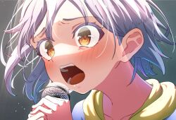 Rule 34 | 1girl, absurdres, bang dream!, bang dream! it&#039;s mygo!!!!!, blush, close-up, grey background, grey hair, highres, holding, holding microphone, microphone, music, open mouth, orange eyes, short hair, shouting, singing, solo, takamatsu tomori, tonbo picture, upper body