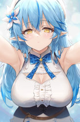 Rule 34 | 1girl, armpits, arms up, blue bow, blue bowtie, blue hair, blush, bow, bowtie, breasts, center frills, cleavage, cleavage cutout, closed mouth, clothing cutout, commentary, corset, elf, frilled shirt, frills, half updo, haoni, highres, hololive, large breasts, light blue hair, long hair, looking at viewer, multicolored hair, plaid, plaid bow, plaid bowtie, plaid neckwear, pointy ears, shirt, sleeveless, sleeveless shirt, solo, streaked hair, symbol-only commentary, two-tone hair, upper body, virtual youtuber, white headwear, yellow eyes, yukihana lamy