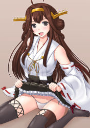 Rule 34 | 10s, 1girl, bad id, bad pixiv id, blush, boots, breasts, brown hair, cameltoe, clothes lift, female focus, grey eyes, headgear, japanese clothes, kantai collection, kongou (kancolle), large breasts, long hair, looking at viewer, miko, miniskirt, nontraditional miko, open mouth, oyabun (higashi), panties, skirt, skirt lift, smile, solo, thigh boots, thighhighs, underwear