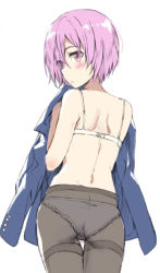 Rule 34 | 1girl, ass, back, blazer, bra, cowboy shot, eyes visible through hair, fate/grand order, fate (series), from behind, hair over one eye, jacket, looking back, mash kyrielight, panties, panties under pantyhose, pantyhose, pink eyes, pink hair, short hair, simple background, solo, thighband pantyhose, tonee, underwear, underwear only, white background, white bra, white panties