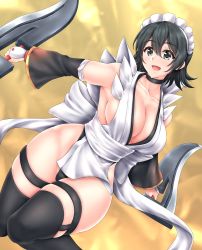 Rule 34 | 1girl, black eyes, black hair, black thighhighs, breasts, choker, cleavage, commentary, commentary request, curvy, dual wielding, full body, groin, hiballista, highleg, highleg leotard, highres, holding, holding weapon, iroha (samurai spirits), japanese clothes, jumping, large breasts, leotard, leotard under clothes, maid, maid headdress, ninja, samurai spirits, shiny skin, sideboob, smile, solo, sword, thighhighs, thighs, thong leotard, weapon, wide hips