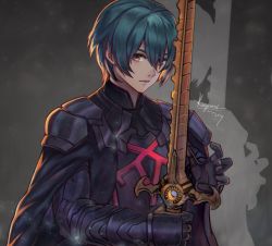 Rule 34 | 1boy, arm guards, armor, blue hair, brown eyes, byleth (fire emblem), byleth (male) (fire emblem), cape, fire emblem, fire emblem: three houses, gloves, holding, holding weapon, kaejunni, looking at viewer, male focus, nintendo, signature, solo, swept bangs, weapon
