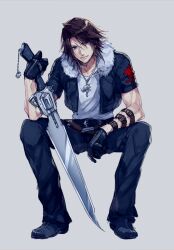 Rule 34 | 1boy, arm strap, belt, black footwear, black gloves, black jacket, black pants, blue eyes, boots, brown hair, chain, chain necklace, cropped jacket, final fantasy, final fantasy viii, full body, fur-trimmed jacket, fur trim, gloves, grey background, gunblade, holding, holding weapon, jacket, jewelry, kingdom hearts, light smile, looking at viewer, male focus, medium hair, multiple belts, nakagawa waka, necklace, pants, parted bangs, scar, scar on face, scar on forehead, shirt, short sleeves, sitting, solo, squall leonhart, toned, toned male, weapon, white shirt
