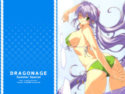 Rule 34 | 1girl, akane kotetsu, arm up, ass, back, bikini, blue hair, blush, breasts, covered erect nipples, from behind, front-tie top, green bikini, green eyes, hair ribbon, kurashiki tsubame, large breasts, long hair, looking back, ocean, official art, official wallpaper, one eye closed, outdoors, ribbon, shading eyes, side-tie bikini bottom, sideboob, sky, smile, solo, standing, sun, swimsuit, tsubame syndrome, twintails, underboob, very long hair, wading, wallpaper, water, wet, wet clothes, wink