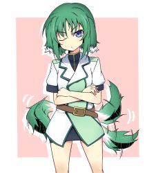 Rule 34 | 10s, 1girl, animal ears, belt, blue eyes, crossed arms, dog days, dog ears, dog girl, dog tail, eclair martinozzi, green hair, highres, one eye closed, short hair, solo, tail, tail wagging, touryou, tsundere