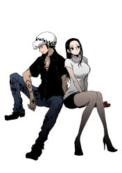 Rule 34 | 1boy, 1girl, artist request, black hair, blue eyes, body piercing, couple, earrings, facial hair, gift, goatee, hat, jewelry, light background, long hair, nico robin, one piece, short hair, simple background, sitting, tattoo, trafalgar law, white background