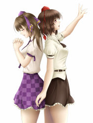 Rule 34 | 2girls, arm up, ascot, back-to-back, bad id, bad pixiv id, brown hair, checkered clothes, checkered skirt, closed eyes, female focus, hat, highres, himekaidou hatate, mochi.f, multiple girls, necktie, own hands clasped, own hands together, praying, profile, red eyes, shameimaru aya, short hair, skirt, tokin hat, touhou, twintails