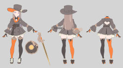 Rule 34 | 1girl, absurdres, back cutout, black dress, black headwear, black thighhighs, brown hair, buttons, closed mouth, clothing cutout, contrapposto, double-breasted, dress, enkyo yuuichirou, flower, gloves, grey background, hat, hat flower, highres, long hair, long sleeves, looking at viewer, multicolored hair, multiple views, orange thighhighs, purple eyes, rapier, shield, simple background, smile, standing, streaked hair, sword, thighhighs, top hat, weapon, white background