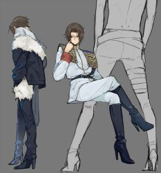 Rule 34 | 1boy, black footwear, black jacket, black pants, blue eyes, boots, brown hair, chain, facing away, final fantasy, final fantasy viii, fur-trimmed jacket, fur trim, hand on own face, high heel boots, high heels, jacket, knee boots, long sleeves, male focus, military uniform, nini tw99, pants, scar, scar on face, seed uniform (ff8), serious, shirt, short hair, simple background, sitting, squall leonhart, topless male, uniform, white pants, white shirt