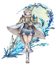 Rule 34 | 1girl, belt, blonde hair, blue eyes, blue hair, cape, closed mouth, crown, dress, feather trim, fire emblem, fire emblem heroes, fjorm (fire emblem), full body, gradient hair, highres, holding, holding weapon, multicolored hair, nintendo, polearm, sh06512223, short dress, short hair, simple background, smile, solo, twitter username, weapon, white background