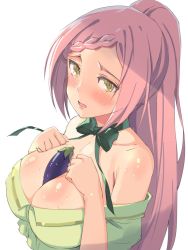 Rule 34 | 10s, 1girl, bare shoulders, between breasts, blush, breasts, food, green eyes, highres, jpeg artifacts, large breasts, long hair, looking at viewer, michairu, no-rin, open mouth, ponytail, red hair, sexually suggestive, shiny skin, simple background, solo, sweat, white background, yoshida kochou