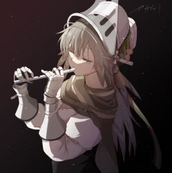 Rule 34 | 1girl, absurdres, arknights, black background, closed eyes, commentary, english commentary, fartooth (arknights), flute, gauntlets, grey hair, highres, instrument, kaminarichyan, playing flute, solo, visor (armor)