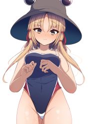 Rule 34 | 1girl, absurdres, bare arms, bare legs, bare shoulders, blonde hair, blush, brown hat, closed mouth, collarbone, competition swimsuit, covered navel, cowboy shot, darumoon, groin, hair between eyes, hair ribbon, hat, highres, long hair, moriya suwako, one-piece swimsuit, purple one-piece swimsuit, red ribbon, ribbon, simple background, solo, swimsuit, touhou, tress ribbon, white background, yellow eyes