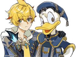 Rule 34 | 2boys, :&lt;, ahoge, arm around shoulder, bird, black gloves, blonde hair, blue capelet, blue eyes, blue headwear, blue jacket, capelet, cioccolatodorima, commentary, crossover, donald duck, duck, english commentary, genshin impact, gloves, hair between eyes, hand on another&#039;s shoulder, hat, highres, hood, hood down, jacket, kingdom hearts, looking at viewer, male focus, mika (genshin impact), multiple boys, necktie, pocket, shirt, short hair, simple background, smile, white background, white shirt, yellow necktie, zipper