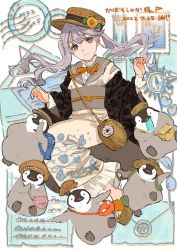 Rule 34 | 1girl, adapted costume, bird, black jacket, black ribbon, boater hat, brown footwear, buchi (qooo003), cabbie hat, commentary, compass rose, european clothes, flower, frilled kimono, frills, grey eyes, grey hair, grey sailor collar, grey sash, haori, hat, hat flower, highres, jacket, japanese clothes, kimono, long hair, long sleeves, looking at viewer, obi, obijime, okobo, original, penguin, postcard, print jacket, ribbon, sailor collar, sandals, sash, shirt, smile, stamp mark, straw hat, summer, symbol-only commentary, twintails, w arms, white kimono, white shirt, wide sleeves