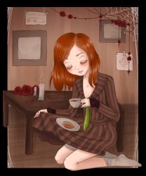 Rule 34 | 1girl, bandages, blush, bread, candle, cup, curtsey, diana (rule of rose), drawing, dress, closed eyes, feet, flower, food, kneeling, no shoes, photo (object), plate, red hair, red rose, rose, rule of rose, silk, socks, spider web, table, tea, teacup