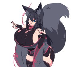 Rule 34 | 1girl, animal ear fluff, animal ears, bare shoulders, black hair, black thighhighs, blue eyes, blush, breasts, clothes lift, curvy, detached sleeves, ear piercing, elbow gloves, fangs, fingerless gloves, fox ears, fox girl, fox tail, gloves, highres, huge breasts, japanese clothes, jewelry, kimono, kiri (sub-res), long hair, magatama, multiple tails, nail polish, off shoulder, one eye closed, original, piercing, pink nails, red nails, ring, shiny clothes, shiny skin, shirt lift, sideboob, simple background, sketch, solo, sub-res, tail, tail raised, thick thighs, thighhighs, thighs, white background, wide hips, wide sleeves, zettai ryouiki