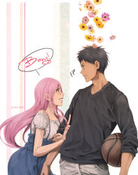 Rule 34 | !?, 1boy, 1girl, aomine daiki, arm grab, ball, carrying, carrying under arm, chinese commentary, dark-skinned male, dark skin, dress, english text, flower, grin, height difference, highres, kuroko no basuke, looking at another, momoi satsuki, pants, pink eyes, pointing, puffy short sleeves, puffy sleeves, shirt, short sleeves, smile, spaghetti strap, speech bubble, xuan zhi yue ying