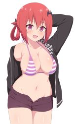 Rule 34 | 1girl, arm behind head, bad id, bad pixiv id, bat hair ornament, bikini, bikini top only, black jacket, breasts, commentary request, fang, gabriel dropout, hair ornament, hair rings, highres, jacket, large breasts, looking at viewer, navel, nyaroon, off-shoulder jacket, off shoulder, open clothes, open jacket, open mouth, pink eyes, red hair, satanichia kurumizawa mcdowell, shorts, simple background, solo, striped bikini, striped clothes, swimsuit, thighs, white background