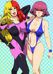 Rule 34 | 2girls, bare legs, bare shoulders, blue eyes, breast press, breasts, cameltoe, chara soon, cleavage, cosplay, covered navel, covered erect nipples, greco roman (spiral brain), groin, gundam, gundam zz, haman karn, hand on own hip, headphones, highres, large breasts, legs, long hair, looking at viewer, makeup, multicolored hair, multiple girls, navel, open mouth, parted lips, pink hair, short hair, simple background, smile, standing, swimsuit, thighs