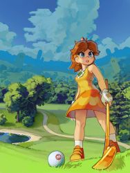 Rule 34 | 1girl, :o, absurdres, ball, blue eyes, breasts, brown hair, cloud, commentary, crown, day, dress, english commentary, fingerless gloves, full body, gloves, golf ball, golf club, golf daisy, grass, highres, holding, holding golf club, legs, looking away, mario (series), mario golf, mario golf: world tour, nintendo, open mouth, outdoors, pond, princess daisy, short hair, skirt, sky, solo, standing, tomboy, trail, tree, white gloves, wormwash
