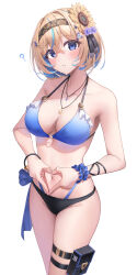 Rule 34 | 1girl, ?, absurdres, bikini, black hairband, blonde hair, blue bikini, blue eyes, blue hair, blue scrunchie, breasts, cleavage, colored inner hair, commentary request, crossed bangs, floral print, flower, hair between eyes, hair flower, hair ornament, hairband, halterneck, heart, heart hands, highres, jewelry, looking at viewer, medium breasts, morros, multicolored hair, navel, necklace, original, print hairband, revision, scrunchie, short hair, simple background, standing, string bikini, sunflower, sunflower hair ornament, sunflower print, swimsuit, thighs, white background, wrist scrunchie