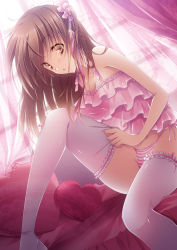 Rule 34 | 1girl, bad id, bad pixiv id, bare arms, bare shoulders, bed, bedroom, brown eyes, brown hair, camisole, dressing, drugstore04, frilled thighhighs, frills, from side, hair ornament, indoors, legs, light, long hair, open mouth, original, panties, pillow, ribbon, side-tie panties, sitting, sleeveless, solo, striped clothes, striped panties, thighhighs, underwear, white thighhighs, window