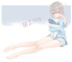 Rule 34 | 1girl, absurdres, alternate costume, bare legs, barefoot, blush, character name, collarbone, commentary, eyelashes, feet, full body, girls&#039; frontline, grey hair, grey shirt, grey shorts, hair between eyes, hand up, highres, holding, knees together feet apart, legs, long hair, long legs, long sleeves, m200 (girls&#039; frontline), off shoulder, ponytail, purple eyes, shiny skin, shirt, shorts, sidelocks, sitting, sleepy, sleeves past fingers, sleeves past wrists, solo, stuffed animal, stuffed shark, stuffed toy, thighs, toes, whonyang