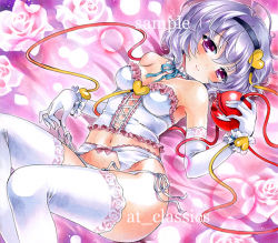 Rule 34 | 1girl, at classics, bare shoulders, blush, boots, breasts, choker, corsage, corset, elbow gloves, flower, garter belt, garter straps, gloves, hairband, heart, komeiji satori, lingerie, looking at viewer, lying, marker (medium), midriff, navel, on back, panties, pink flower, pink rose, purple eyes, purple hair, ribbon choker, rose, side-tie panties, smile, solo, thigh boots, thighhighs, touhou, traditional media, underwear, untied, untying, white gloves, white thighhighs