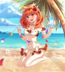 Rule 34 | 1girl, adapted costume, artist name, barefoot, beach, bikini, blue sky, breasts, celica (fire emblem), character name, cleavage, cloud, day, detached collar, fire emblem, fire emblem echoes: shadows of valentia, flower, hair flower, hair ornament, highres, long hair, nintendo, open mouth, outdoors, palm tree, red eyes, red hair, sitting, sky, snowsakurachan, solo, swimsuit, tree, twitter username, water