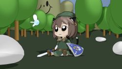 Rule 34 | 1girl, 3d, animal ears, bkub (style), blender (medium), boots, brown hair, cat ears, chen, chibi, commentary, cosplay, crossdressing, crossover, earrings, gloves, gs-mantis, hat, highres, hylian shield, jewelry, link, link (cosplay), looking up, master sword, navi, nintendo, outdoors, rock, shield, short hair, sitting, sword, tail, the legend of zelda, the legend of zelda: ocarina of time, touhou, tree, weapon