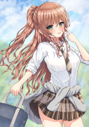 Rule 34 | 1girl, :d, bag, bang dream!, blurry, blurry background, blush, brown hair, clothes around waist, collared shirt, commentary request, cowboy shot, day, earrings, green eyes, half updo, haneoka school uniform, highres, holding, holding bag, imai lisa, jacket, jacket around waist, jewelry, long hair, miniskirt, necktie, open mouth, outdoors, plaid, plaid skirt, pleated skirt, rabbit earrings, ryakusun, school bag, school uniform, shirt, sidelocks, skirt, sleeves rolled up, smile, solo, striped necktie, striped neckwear, v over eye, white shirt