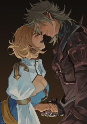 Rule 34 | 1boy, 1girl, arch bishop (ragnarok online), armor, blonde hair, blue dress, breasts, brown armor, brown background, brown shirt, cleavage, cleavage cutout, closed eyes, clothing cutout, commentary, cross, dated commentary, dress, forehead-to-forehead, gauntlets, gradient background, green hair, guillotine cross (ragnarok online), hair between eyes, heads together, hetero, holding hands, juliet sleeves, long sleeves, medium breasts, medium hair, open mouth, pauldrons, puffy sleeves, ragnarok online, sash, shirt, short hair, shoulder armor, signature, smile, two-tone dress, white dress, yellow sash, zi tsas