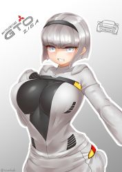 Rule 34 | 1girl, bad id, bad pixiv id, blue eyes, bodysuit, breasts, car, cleavage, gloves, grey hair, highres, large breasts, mitsubishi motors, motor vehicle, open mouth, original, personification, short hair, smile, solo, yonkuron