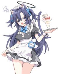 Rule 34 | 1girl, alternate costume, animal ears, apron, black dress, blue archive, blush, breasts, cat ears, cat tail, cleavage, cowboy shot, dress, enmaided, extra ears, fang, food, halo, highres, holding, holding tray, long hair, maid, maid apron, maid day, maid headdress, mechanical halo, medium breasts, open mouth, parfait, puffy short sleeves, puffy sleeves, purple eyes, purple hair, sentouryoku 5, short sleeves, simple background, skin fang, solo, tail, tray, white apron, white background, wrist cuffs, yuuka (blue archive)