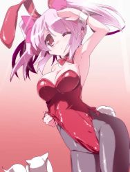 Rule 34 | 10s, 1girl, animal ears, armpits, bare shoulders, bow, breasts, cleavage, detached collar, fake animal ears, hair bow, kaname madoka, kyubey, leotard, mahou shoujo madoka magica, mahou shoujo madoka magica (anime), miuku (marine sapphire), one eye closed, pantyhose, pink eyes, pink hair, playboy bunny, rabbit ears, rabbit tail, red eyes, short hair, short twintails, solo, tail, twintails, wrist cuffs