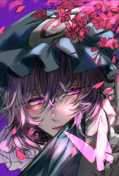 Rule 34 | 1girl, bug, butterfly, cherry blossoms, falling petals, flower, glowing, glowing eyes, hair between eyes, hat, highres, insect, lips, looking to the side, mamiru (42105269), mob cap, one-hour drawing challenge, petals, pink eyes, pink flower, pink hair, portrait, purple background, saigyouji yuyuko, short hair, simple background, solo, touhou