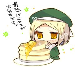 Rule 34 | 1girl, blonde hair, blush, butter, coat, crumbs, eating, fate/grand order, fate (series), food, food on face, green coat, green headwear, heart, long sleeves, paul bunyan (fate), plate, short hair, solo, syrup, translation request, ume (pickled plum), white background, yellow eyes