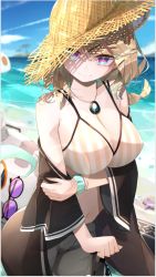 Rule 34 | 1girl, absurdres, arknights, beach, bikini, black jacket, black shorts, blue sky, border, braid, breasts, brown footwear, brown hat, cleavage, hat, highres, holding, holding with tail, jacket, jewelry, kakakaeru, large breasts, light brown hair, long hair, looking at viewer, necklace, off shoulder, official alternate costume, open clothes, open jacket, outdoors, prehensile tail, purple-tinted eyewear, purple eyes, shorts, sky, solo, straw hat, striped bikini, striped clothes, sun hat, sunglasses, swimsuit, tail, tinted eyewear, unworn eyewear, utage (arknights), utage (summer flowers) (arknights), white border