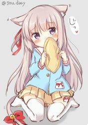 Rule 34 | 1girl, animal ear fluff, animal ears, azur lane, bell, blue shirt, blush, cat ears, cat tail, commentary request, covering own mouth, covering privates, grey background, hat, jingle bell, kindergarten uniform, kisaragi (azur lane), long hair, looking at viewer, pink eyes, pink hair, ribbon, school hat, shirt, side ponytail, simple background, sitting, skirt, solo, sou (soutennkouchi), tail, tail ornament, tail ribbon, thighhighs, unworn headwear, white thighhighs, yellow hat, yellow skirt