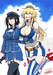 Rule 34 | + +, 2girls, black hair, blonde hair, blue eyes, blue sky, breasts, cleavage, cloud, cloudy sky, groin, highres, ifs (sakagami syu), iowa (kancolle), kantai collection, large breasts, looking at viewer, multiple girls, skirt, sky, striped clothes, striped skirt, striped thighhighs, takao (kancolle), thighhighs, vertical-striped clothes, vertical-striped thighhighs