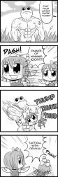 Rule 34 | 1boy, 2girls, 4koma, afterimage, anchor, anchor tattoo, battle, battletoads, bkub, bow, bulrush, chibi, cirno, cloud, comic, cowboy shot, daiyousei, frog, grass, greyscale, hair bow, hard-translated, injury, long image, manly, monochrome, motion lines, multiple girls, muscular, sound effects, outdoors, punching, shoulder tattoo, sky, speech bubble, tall image, tattoo, embodiment of scarlet devil, third-party edit, touhou, translated, wings